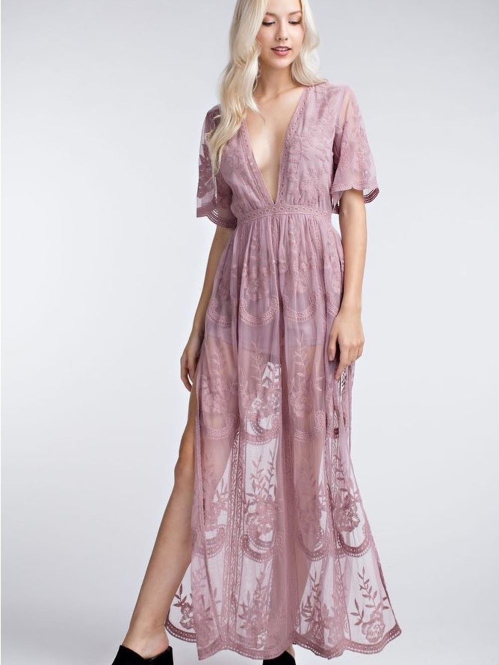 Haute Monde Dusty Rose Lace Maxi Dress with Deep V